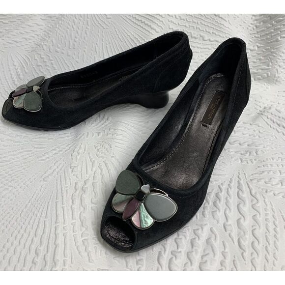 Louis Vuitton LV Paris Black Suede Butterfly Embellished Wedge Heels Size 4.5 - Picture 13 of 14